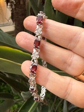 Oval cut natural purple red garnet solid sterling silver 8 inch bracelet